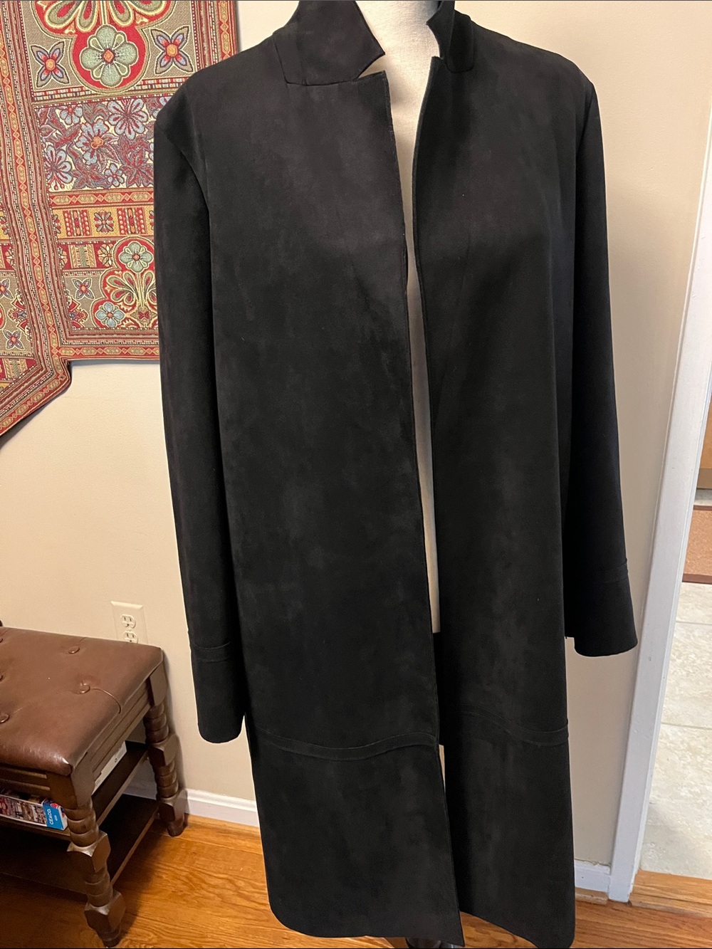 Zara Black Long Open-Front Trench Coat, faux suede, medium